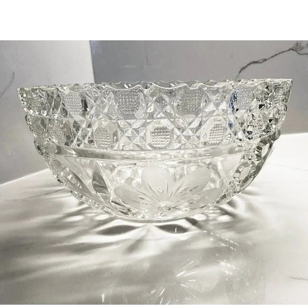 Antique American Brilliant Period Cut Glass Bowl Lead Crystal Floral Leaves 8”